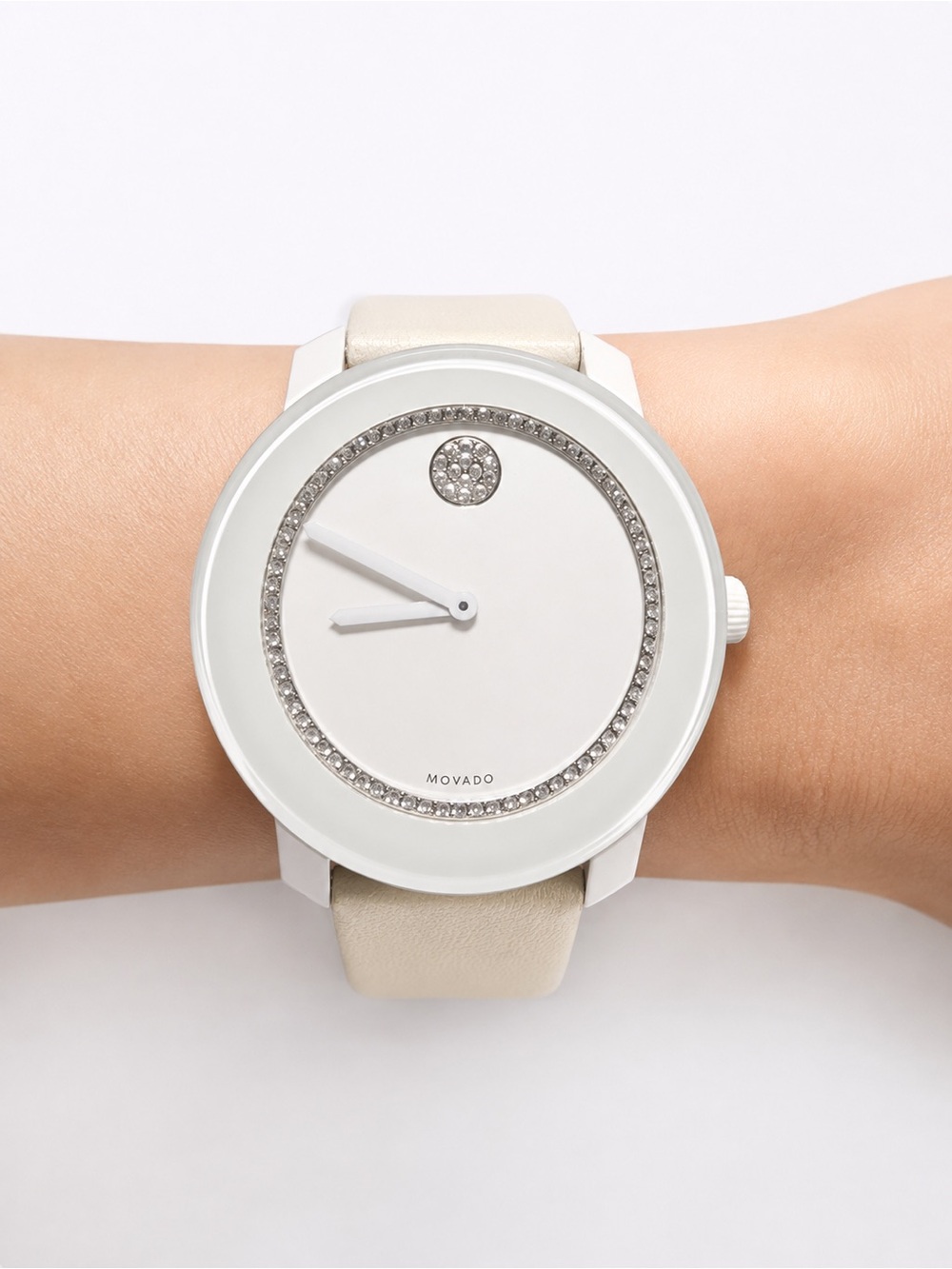 Movado White Leather Women’s Watch with Crystal Dial Accent